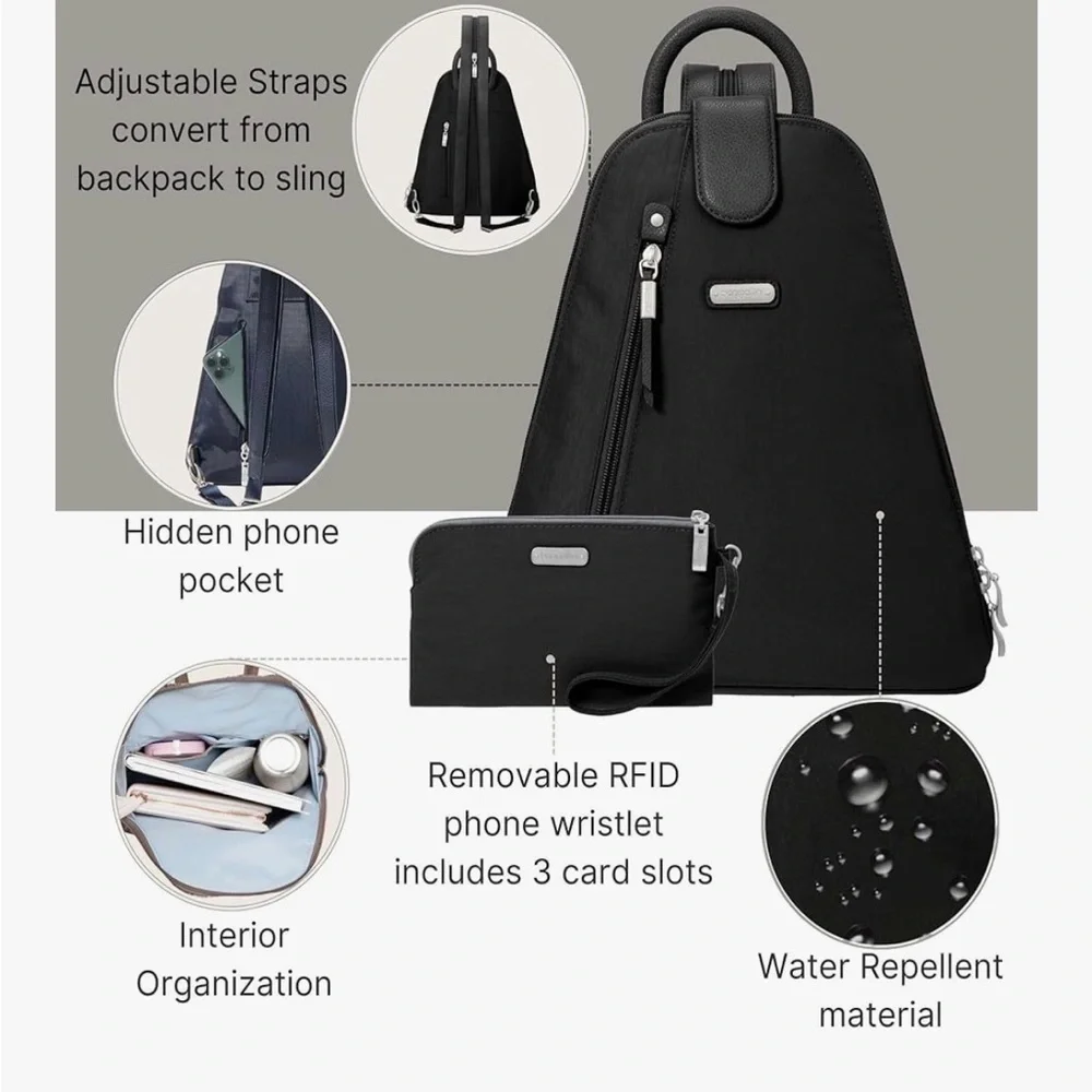Baggallini Black Sling Backpack Bundle with RFID Wristlet